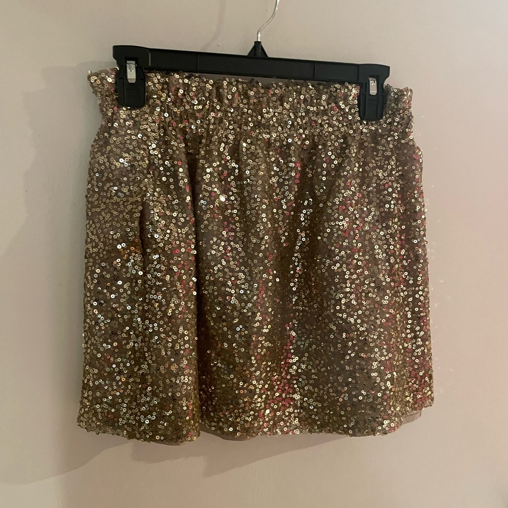 J Crew Sequin Mini Skirt Gold/champagne lined high waisted pockets SZ 4